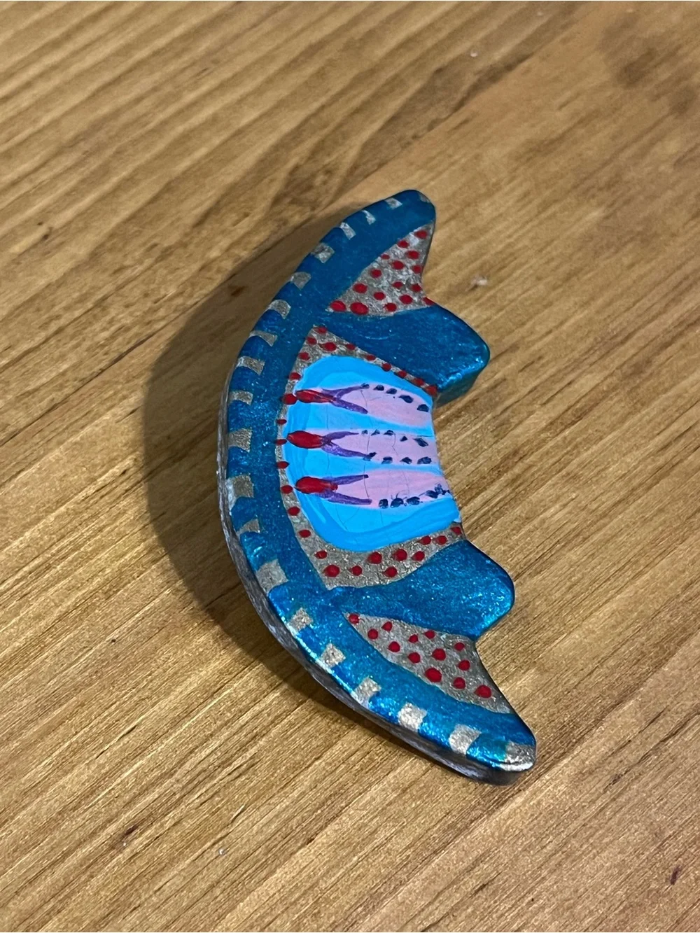 Handcrafted crescent moon brooch whimsical enamel painted with shimmer 2”